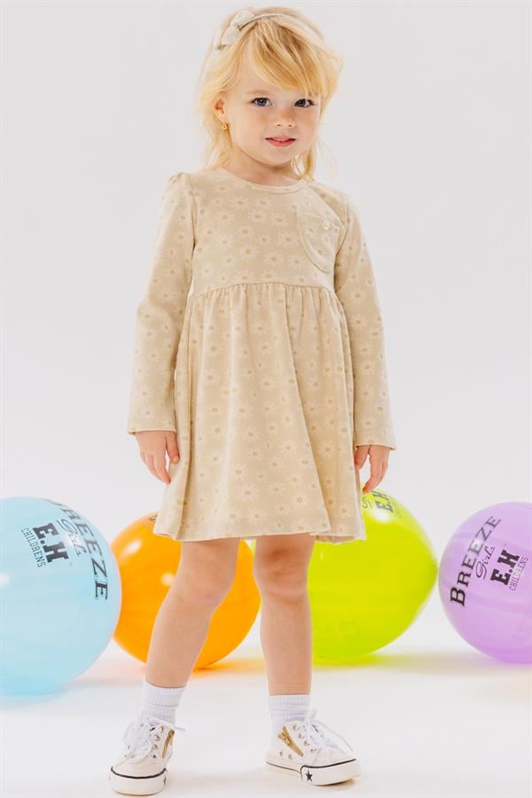 Baby Girl Long-Sleeved Dress with Pockets, Floral Pattern, Cream (1.5 Years)