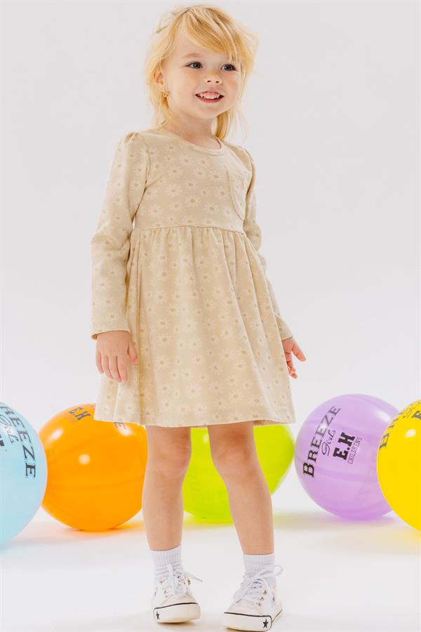 Baby Girl Long-Sleeved Dress with Pockets, Floral Pattern, Cream (1.5 Years)