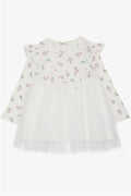 Girl's Long-Sleeved Dress with Floral Pattern, Ruffles and Bow, Ecru (3 Years)