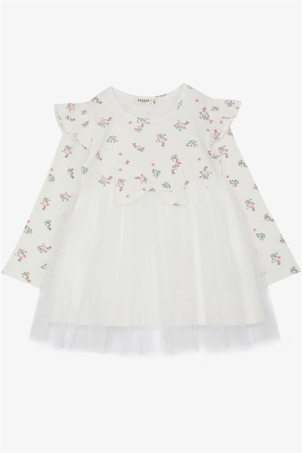 Girl's Long-Sleeved Dress with Floral Pattern, Ruffles and Bow, Ecru (3 Years)