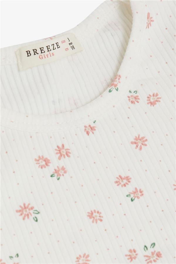 Girl's Long-Sleeved Dress with Floral Pattern, Ruffles and Bow, Ecru (3 Years)