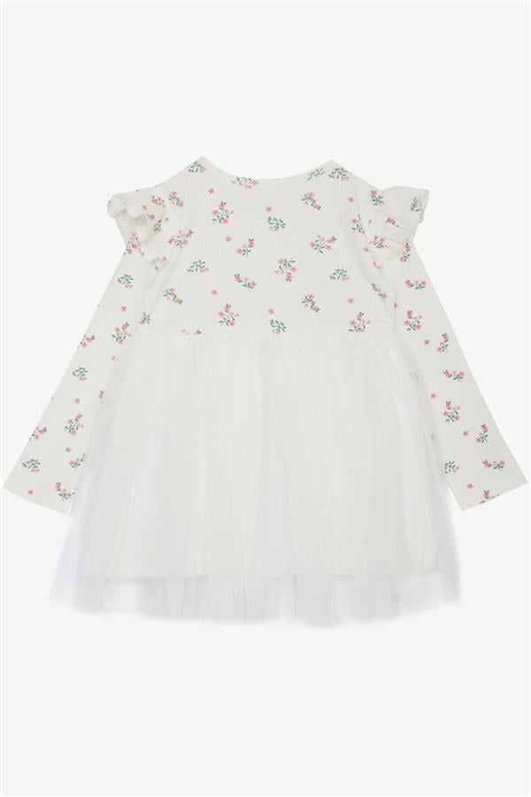 Girl's Long-Sleeved Dress with Floral Pattern, Ruffles and Bow, Ecru (3 Years)