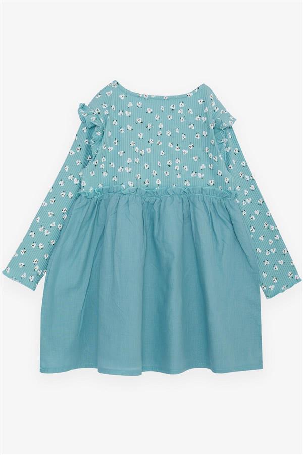 Girls' Long-Sleeved Dress with Floral Pattern, Buttoned, Ruffled Shoulder, Aqua Green (Ages 2-6)