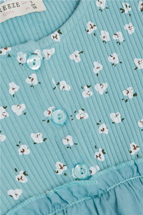 Girls' Long-Sleeved Dress with Floral Pattern, Buttoned, Ruffled Shoulder, Aqua Green (Ages 2-6)
