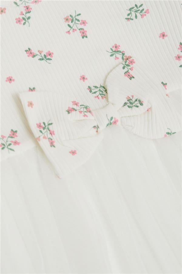 Girl's Long-Sleeved Dress with Floral Pattern, Ruffles and Bow, Ecru (3 Years)