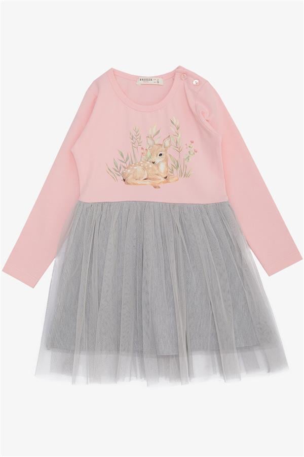 Baby Girl Long-Sleeved Dress with Floral Pattern and Cute Deer Print, Pink (1.5-2 Years)