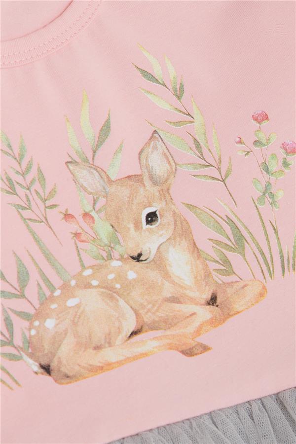 Baby Girl Long-Sleeved Dress with Floral Pattern and Cute Deer Print, Pink (1.5-2 Years)
