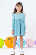 Girls' Long-Sleeved Dress with Floral Pattern, Buttoned, Ruffled Shoulder, Aqua Green (Ages 2-6)