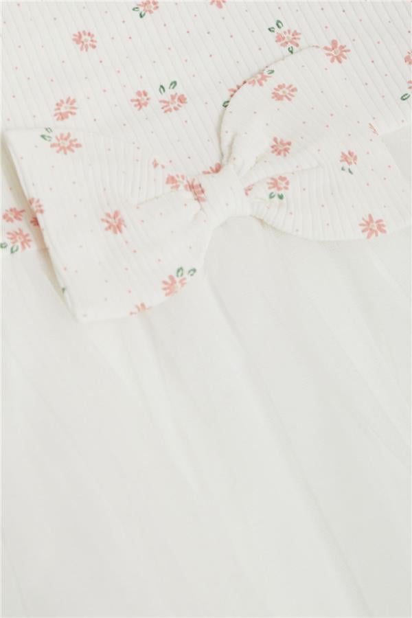 Girl's Long-Sleeved Dress with Floral Pattern, Ruffles and Bow, Ecru (3 Years)