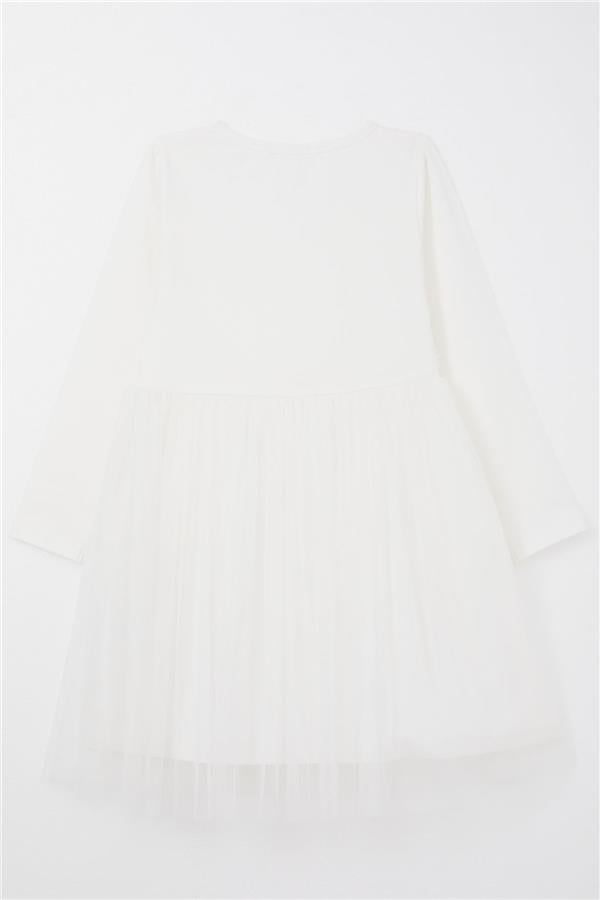 Girl's Long-Sleeved Dress with Floral Lace Embroidery, White (Ages 4)