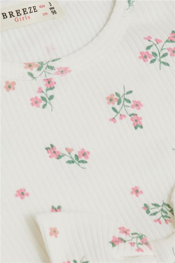 Girl's Long-Sleeved Dress with Floral Pattern, Ruffles and Bow, Ecru (3 Years)