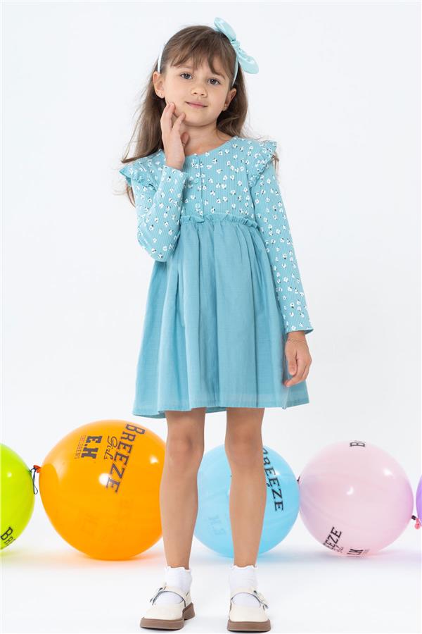Girls' Long-Sleeved Dress with Floral Pattern, Buttoned, Ruffled Shoulder, Aqua Green (Ages 2-6)
