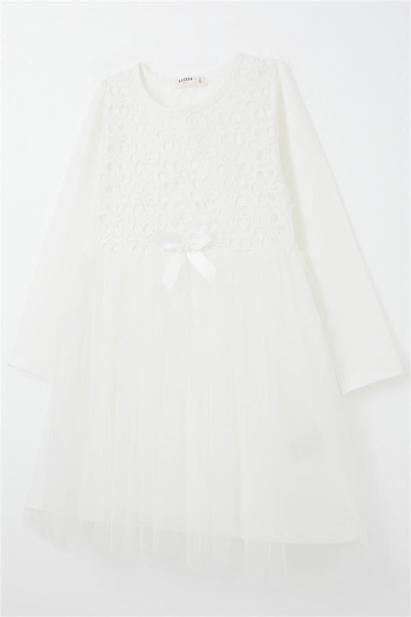 Girl's Long-Sleeved Dress with Floral Lace Embroidery, White (Ages 4)