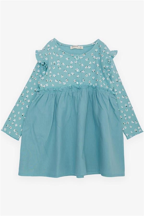 Girls' Long-Sleeved Dress with Floral Pattern, Buttoned, Ruffled Shoulder, Aqua Green (Ages 2-6)