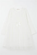 Girl's Long-Sleeved Dress with Floral Lace Embroidery, White (Ages 4)