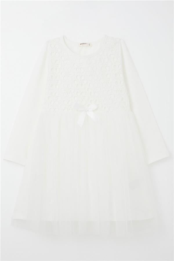 Girl's Long-Sleeved Dress with Floral Lace Embroidery, White (Ages 4)