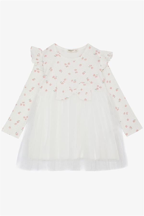 Girl's Long-Sleeved Dress with Floral Pattern, Ruffles and Bow, Ecru (3 Years)