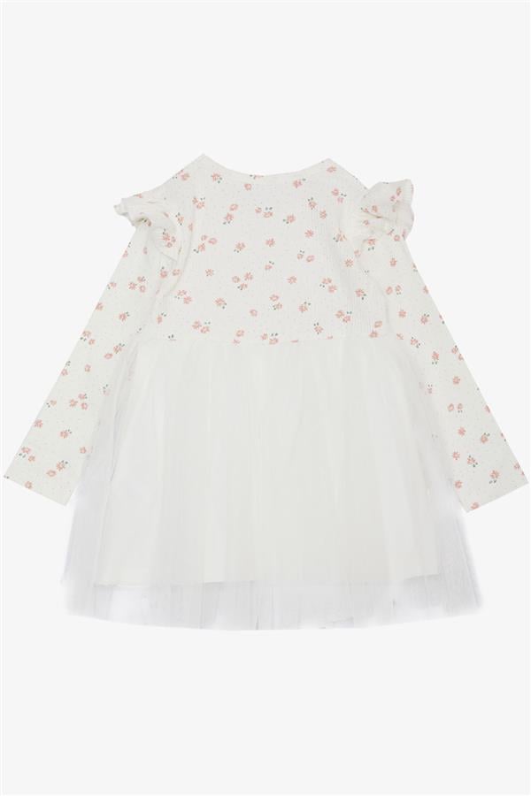 Girl's Long-Sleeved Dress with Floral Pattern, Ruffles and Bow, Ecru (3 Years)
