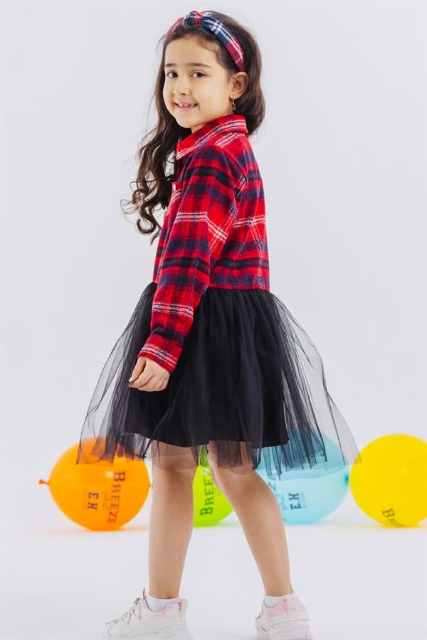 Girls' Long-Sleeved Dress with Plaid Skirt and Tulle, Mixed Colors (Ages 6-12)
