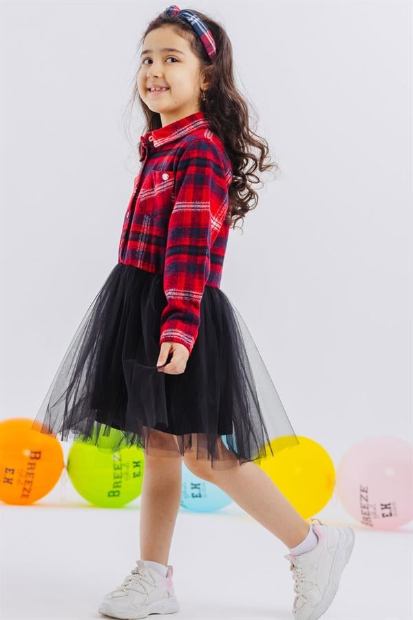 Girls' Long-Sleeved Dress with Plaid Skirt and Tulle, Mixed Colors (Ages 6-12)