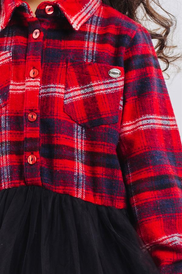 Girls' Long-Sleeved Dress with Plaid Skirt and Tulle, Mixed Colors (Ages 6-12)