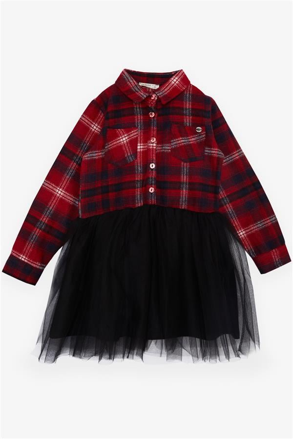 Girls' Long-Sleeved Dress with Plaid Skirt and Tulle, Mixed Colors (Ages 6-12)