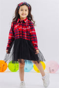 Girls' Long-Sleeved Dress with Plaid Skirt and Tulle, Mixed Colors (Ages 6-12)
