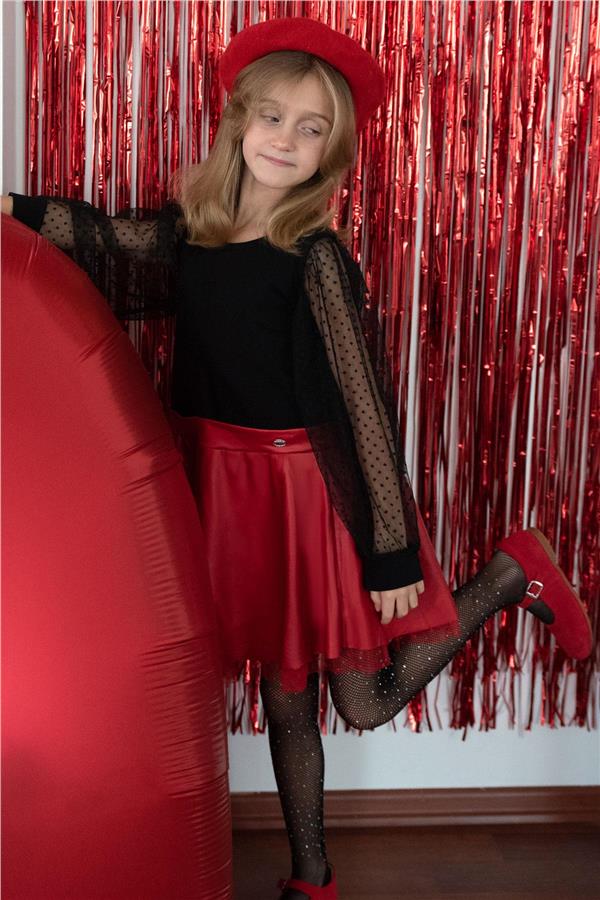 Girl's Long-Sleeved Dress with Leather Skirt and Tulle Sleeves, Black (Ages 3-8)