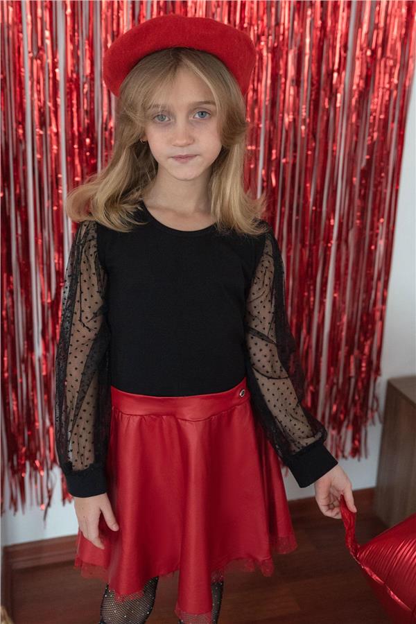 Girl's Long-Sleeved Dress with Leather Skirt and Tulle Sleeves, Black (Ages 3-8)