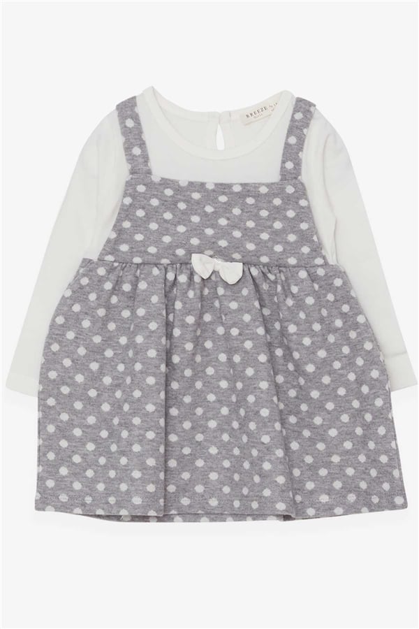 Girls' Long-Sleeved Dress with Bow, Polka Dot Pattern, Light Gray (1.5-5 Years)