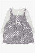 Girls' Long-Sleeved Dress with Bow, Polka Dot Pattern, Light Gray (1.5-5 Years)