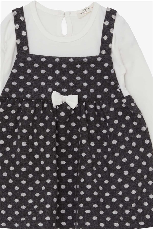 Girls' Long-Sleeved Dress with Bow, Polka Dot Pattern, Dark Gray (1.5-5 Years)