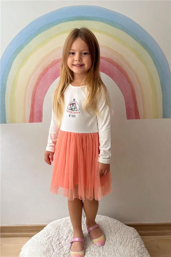 Girl's Long-Sleeved Dress with Bow, Cute Owl Print, Off-White (1.5-3 Years)