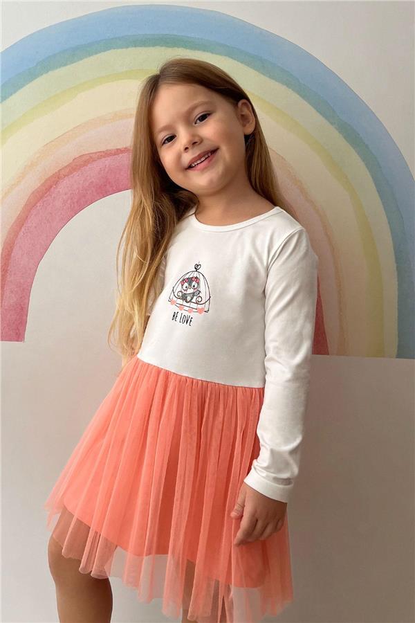 Girl's Long-Sleeved Dress with Bow, Cute Owl Print, Off-White (1.5-3 Years)