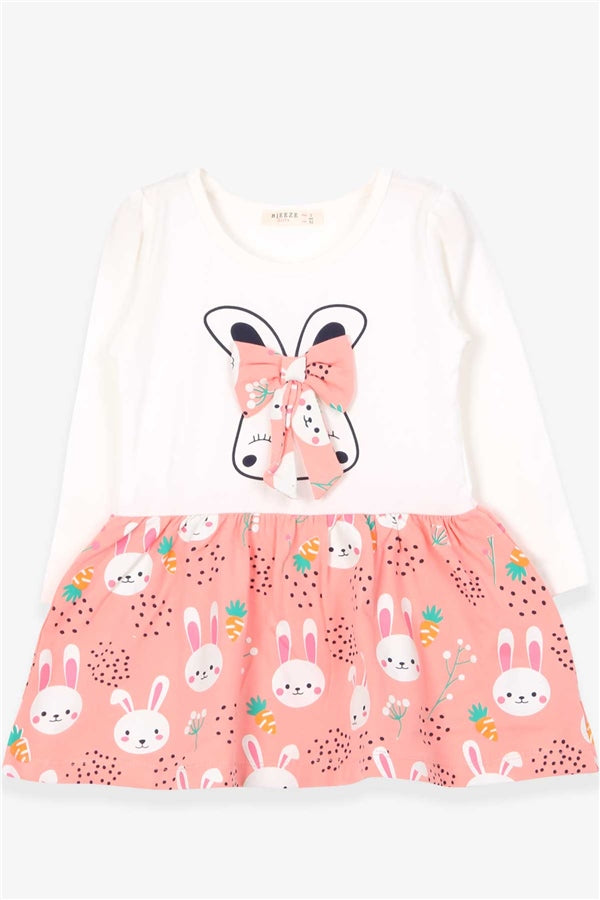 Girls' Long-Sleeved Dress with Bow and Rabbit Pattern, Ecru (2-3 Years)