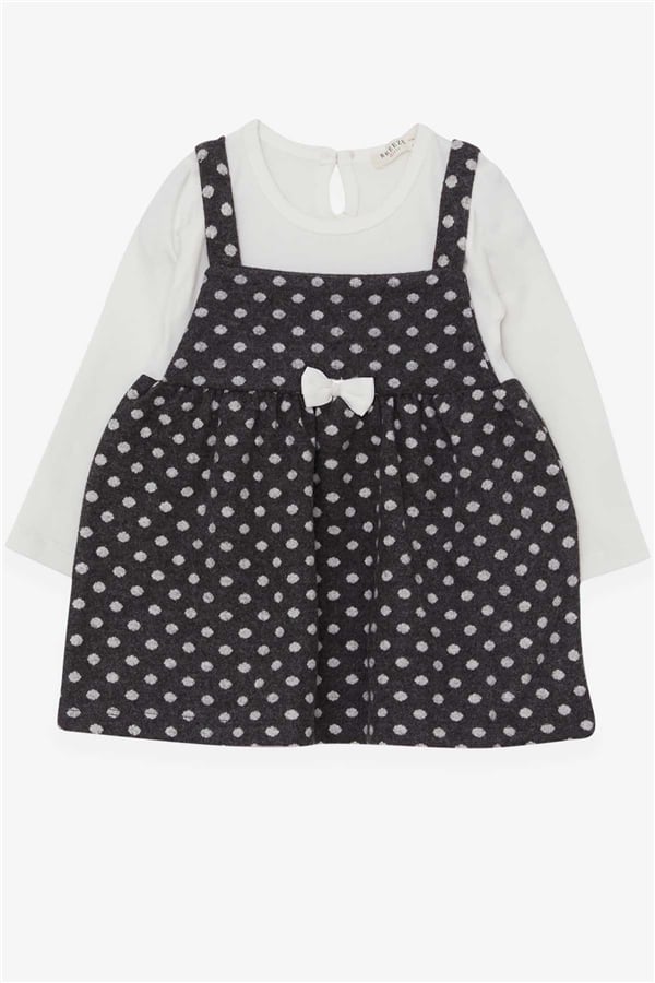 Girls' Long-Sleeved Dress with Bow, Polka Dot Pattern, Dark Gray (1.5-5 Years)