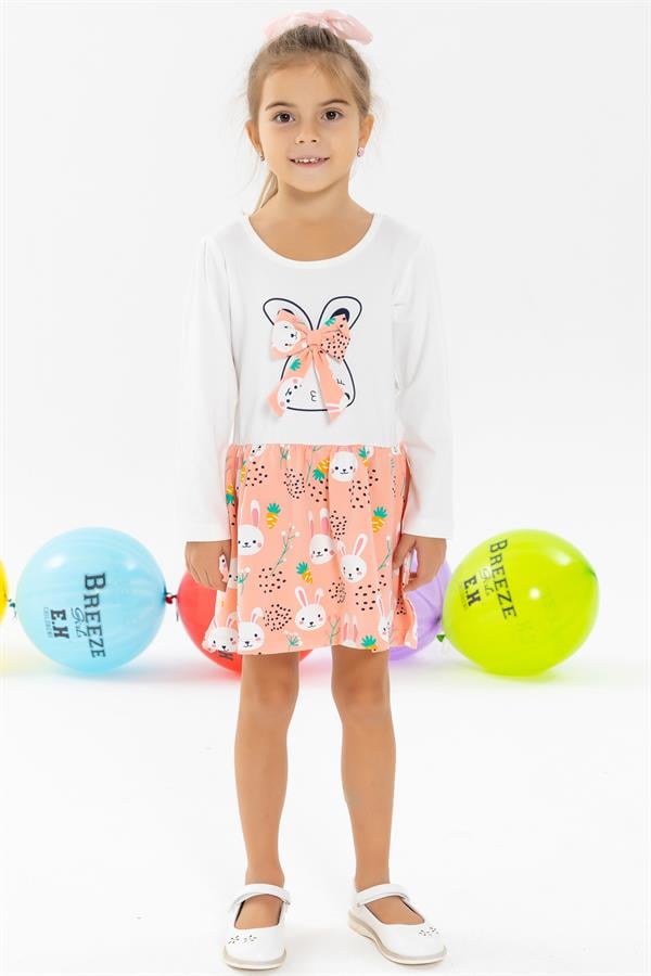 Girls' Long-Sleeved Dress with Bow and Rabbit Pattern, Ecru (2-3 Years)