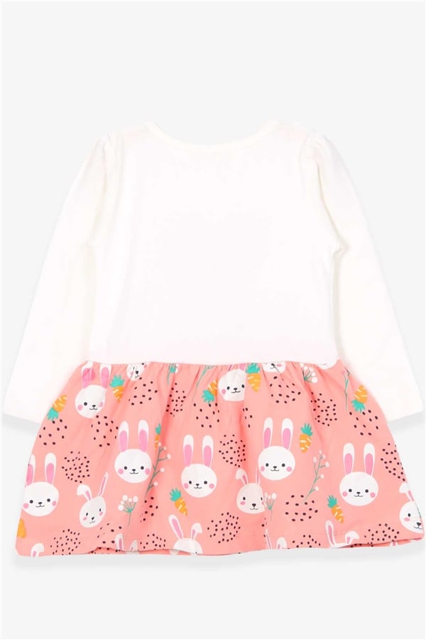 Girls' Long-Sleeved Dress with Bow and Rabbit Pattern, Ecru (2-3 Years)