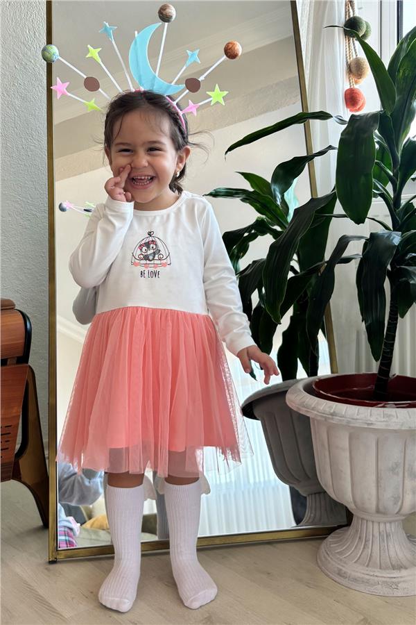 Girl's Long-Sleeved Dress with Bow, Cute Owl Print, Off-White (1.5-3 Years)