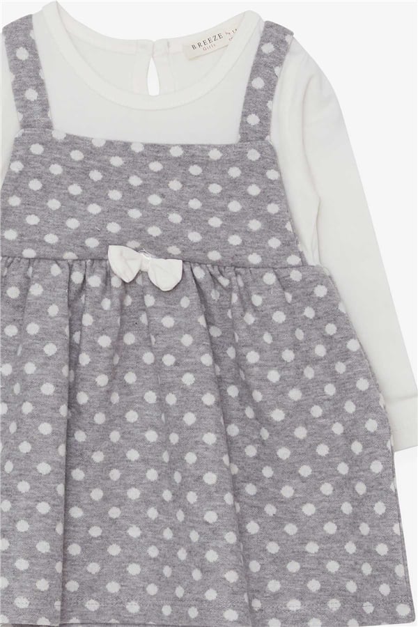 Girls' Long-Sleeved Dress with Bow, Polka Dot Pattern, Light Gray (1.5-5 Years)