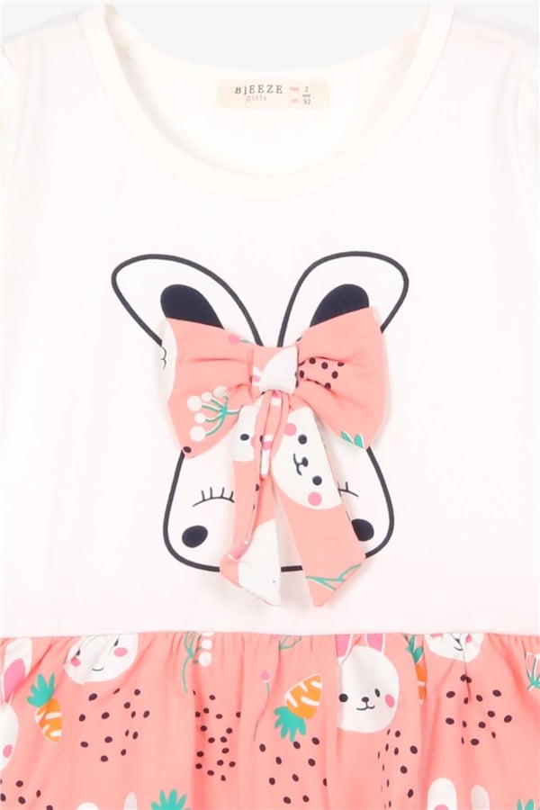 Girls' Long-Sleeved Dress with Bow and Rabbit Pattern, Ecru (2-3 Years)