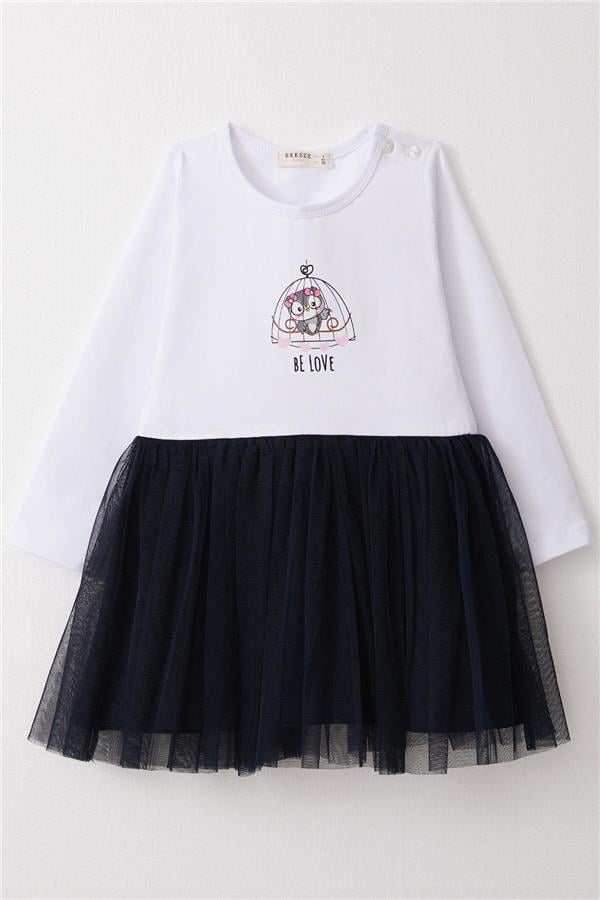 Girls' Long-Sleeved Dress with Bow, Cute Owl Print, White (1.5-4 Years)