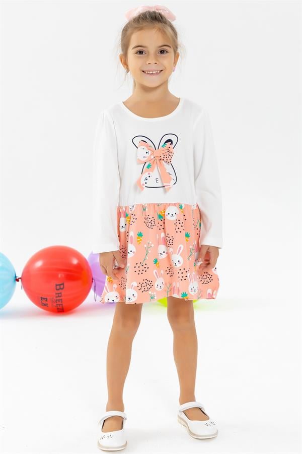 Girls' Long-Sleeved Dress with Bow and Rabbit Pattern, Ecru (2-3 Years)