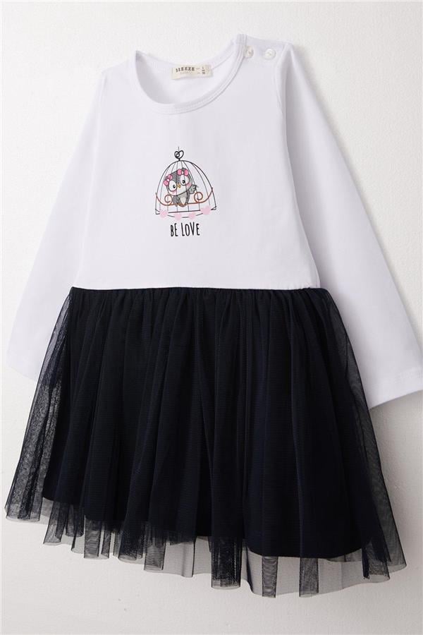 Girls' Long-Sleeved Dress with Bow, Cute Owl Print, White (1.5-4 Years)