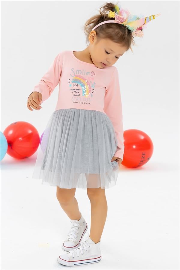 Baby Girl Long-Sleeved Dress Rainbow Print Powder Pink (1.5 Years)