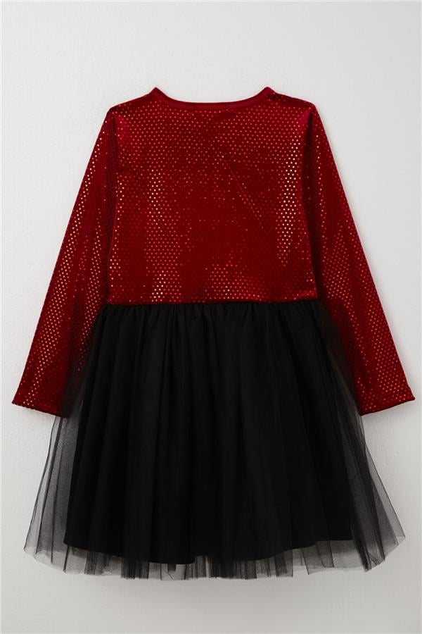 Girl's Long-Sleeved Velvet Sequin Dress, Red (Ages 5-10)