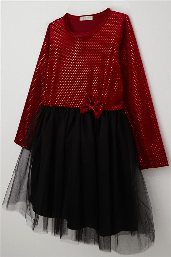 Girl's Long-Sleeved Velvet Sequin Dress, Red (Ages 5-10)