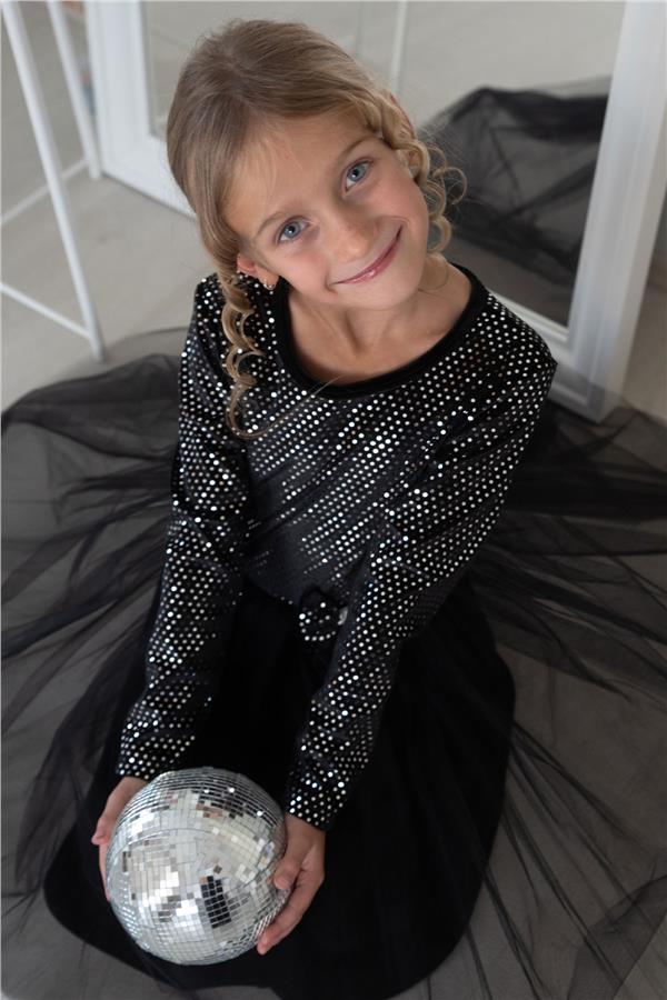 Girl's Long-Sleeved Velvet Sequin Dress, Black (Ages 5-10)