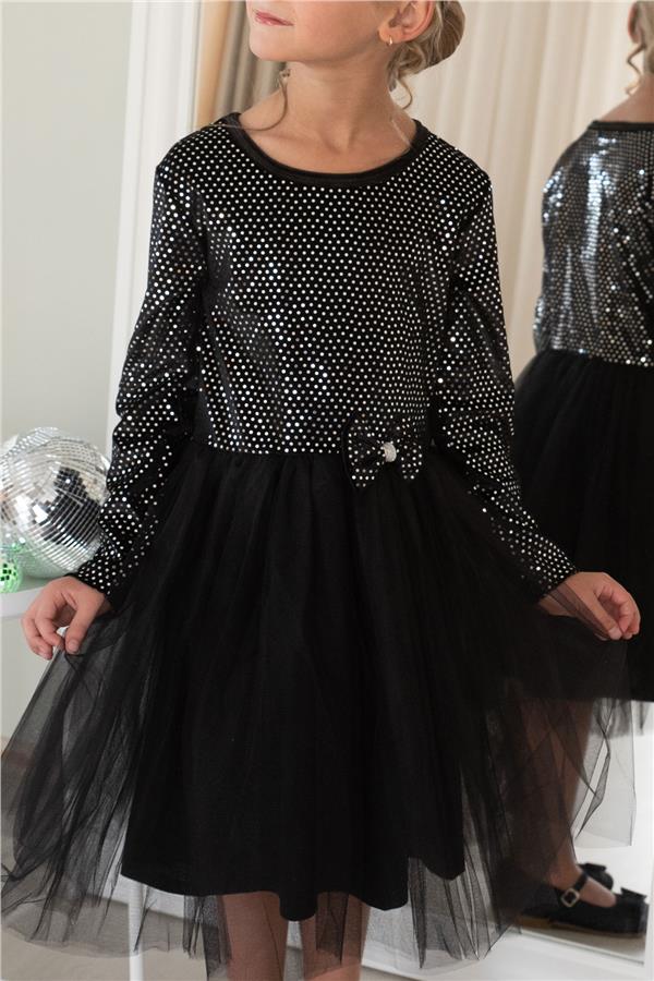 Girl's Long-Sleeved Velvet Sequin Dress, Black (Ages 5-10)