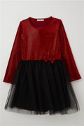 Girl's Long-Sleeved Velvet Sequin Dress, Red (Ages 5-10)